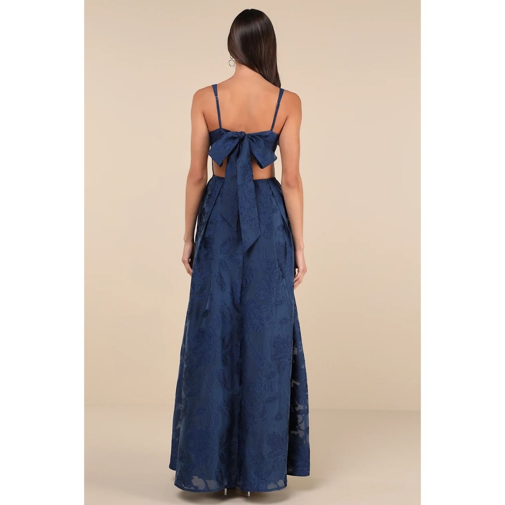 Lulus Perfected Aura Navy Jacquard Tie-Back Maxi Dress Gown XL Wedding Formal - Picture 2 of 13
